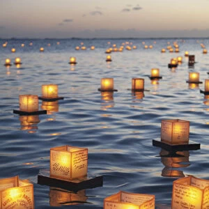 Annual Lantern Floating Ceremony During Sunset At Ala Moana; Oahu, Hawaii, United States Of America