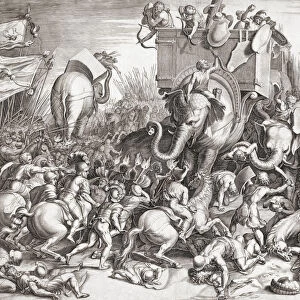 The Battle of Zama in 202 BC. The Romans led by Scipio defeated the Carthaginians led by Hannibal Barca during the Second Punic War. In this 16th century engraving Hannibals war elephants attack Roman cavalry
