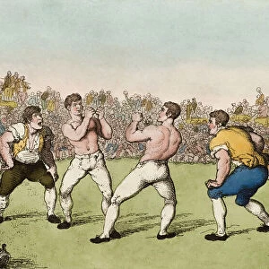 Boxing match for 200 guineas between Dutch Sam and Ben Medley, fought 31 May 1810 on Moulsey Hurst near Hampton. After a work by Thomas Rowlandson. Dutch Sams real name was Samuel Elias. He lived from 1775 - 1816. He was elected into the International Boxing Hall of Fame in 1997. Little is known about Ben Medley
