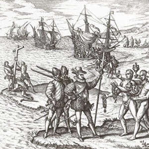 Christopher Columbus lands in the New World, actually somewhere in the Bahamas, perhaps Watling island. Here he is greeted with gifts by the islanders, while his men erect a Christian cross. After a 16th century print