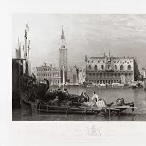 The Doges Palace and St. Marks Square, Venice, Italy in the early 19th century. From an etching by Henry Le Keux, after a work by Samuel Prout