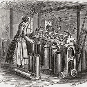 The drawing frame or spinning frame, a machine for drawing, winding and twisting yarn operated by drawing cotton or wool through pairs of successively faster rollers. From The History of Progress in Great Britain, published 1866