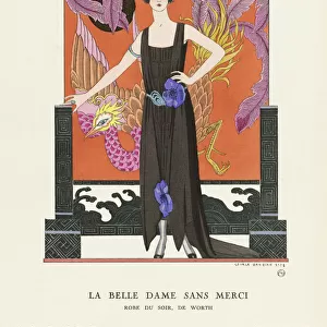 EDITORIAL La Belle Dame Sans Merci. A Beautiful, Merciless Woman. Robe du Soir, de Worth. Evening dress by Worth. Art-deco fashion illustration by French artist George Barbier, 1882-1932. The work was created for the Gazette du Bon Ton, a Parisian fashion magazine published between 1912-1915 and 1919-1925