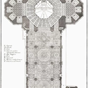 Floor plan of Santa Maria del Fiore cathedral in the Piazza del Duomo, Florence, Italy. After a mid-18th century work by Bernardo Sansone Sgrilli