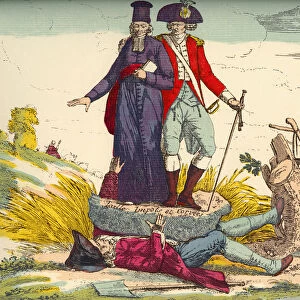 The French Farmer Crushed By Taxes. Illustration Which Alludes To The Oppression Of Third State, The Workers, By The Two Privileged Orders, The Clergy And The Nobles In The 18Th Century. From A Contemporary Print