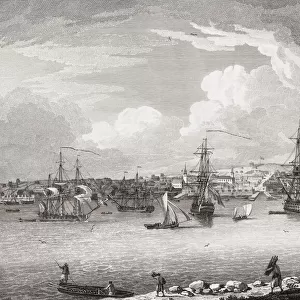 Halifax town and harbour, Nova Scotia, Canada in the 18th century. After a work by Dominic Serres
