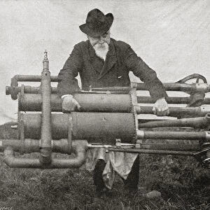 Hiram Maxim Holding One Of His Flying Machine Engines, Weighing 300Lb One Of The Lightest Engines Of Its Time. Sir Hiram Stevens Maxim, 1840