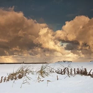 Illuminated Clouds Glowing Above A Snowy Field; South Shields, Tyne And Wear, England
