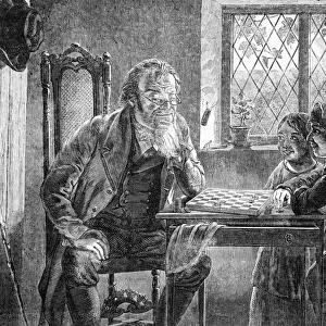 The Illustrated London News Etching From 1835. illustration Of An Old Man Playing Chess Against Two Children In Their Home
