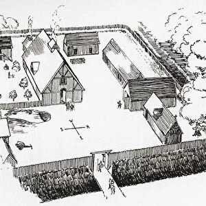 Imaginary reconstruction of an Anglo-Saxon homestead. From Everday Life in Anglo-Saxon, Viking and Norman Times, published 1926