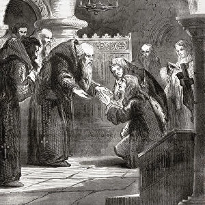 King James II of England, 1633-1701, received by the monks at La Trappe Abbey, Orne, France, 17th century. From Cassells Illustrated History of England, published c. 1890