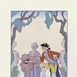La Cruche cassee. The broken pitcher. Print showing 18th century French clothing from George Barbiers almanac Falbalas et Fanfreluches 1922 - 1926. After a work by French illustrator George Barbier, 1882 - 1932