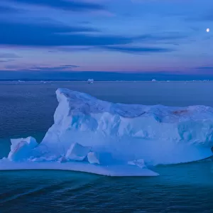 A large iceberg floats in Scorsby Sound at twilight
