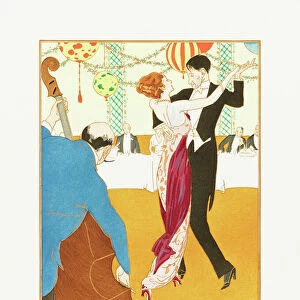 Le Frisson Nouveau. A New Thrill. Robe de tango de Redfern. Tango dress by Redfern. Art-deco fashion illustration by Czech artist Ludvik Strimpl, 1880-1937. The work was created for the Gazette du Bon Ton, a Parisian fashion magazine published between 1912-1915 and 1919-1925