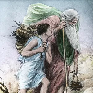 A Magic Lantern Slide Circa 1900. according To The Hebrew Bible, God Commands Abraham To Offer His Son Isaac As A Sacrifice On Moiunt Moriah [Gen 22: 2-8]. After Isaac Is Bound To An Altar, A Messenger From God Stops Abraham At The Last Minute, Saying "now I Know You Fear God. "Abraham Looks Up And Sees A Ram And Sacrifices It Instead Of Isaac