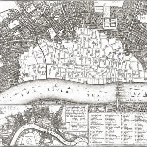 Map showing the extent of the damage caused by the Great Fire of London, 1666. According to the description in the top right corner of the map, the white area shows what was burned and the property within the area which survived