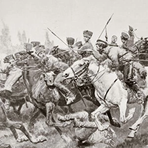 Mounted Combat Between Russian Cossacks And German Cavalry Known As The Hussars Of Death En Schwansfeld, Between Korschen And Bartenstein, Eastern Prussia, August 1914 During The First World War. From La Esfera, 1914
