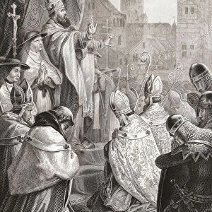 Pope Urban II at Clermont-Ferrand, France, in 1095, where he attended the Council of Clermont. The picture refers to his speech of November 27 when his call-to-arms launched the First Crusade. Pope Urban II. c. 1035 - 1099. After a work by an unidentified artist