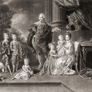 Portrait of King George III of England, his wife Queen Charlotte and their family in 1770. On the far left, Prince William (holding a parrot) future King William IV of England, Prince George future King George IV of England, Prince Frederick, Prince Edward (seated on floor with dog), King George III, Princess Charlotte Augusta and Princess Sophia in the arms of her mother Queen Charlotte. After an engraving by Richard Earlom from a painting by German artist Johann Zoffany