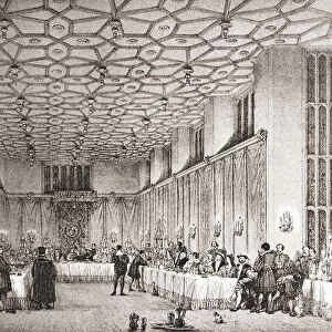 The Presence Chamber, Hampton Court Palace, Richmond Upon Thames, Greater London, Middlesex, England. A Presence Chamber Is A Room In Which A Great Person, Such As A Monarch, Receives Guests, Assemblies, Etc. This Scene Depicts The Chamber In The 16th Century. From The Mansions Of England In The Olden Time, Published 1906