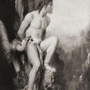 Prometheus. Ancient Greek figure who defied the Gods by giving fire to humanity. For this he was punished by being bound to a rock. An eagle was sent every day to eat his liver, which grew back during the night. He was freed from this eternal torment by Hercules. After a work by French artist Gustave Moreau