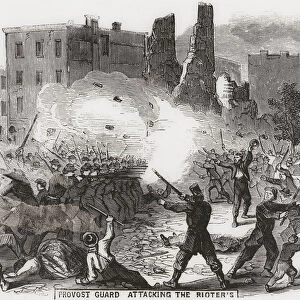 Provost Guards attacking the rioters. New York draft riots, 13 - 16 July, 1863. The riots occured in response to Congress passing a law to draft men to fight in the American Civil War. In the incident shown in the picture provosts unsuccesfully tried to disperse rioters with a volley of gunfire. The mob turned on them, injuring 14 soldiers and possibly killing one