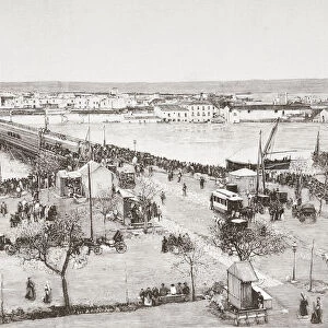 The Puente de Isabel II, Puente de Triana or Triana Bridge and surrounding neighbourhood, Seville, Spain during the floods of 1892. From La Ilustracion Espanola y Americana, published 1892
