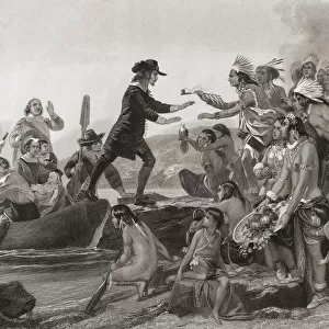 Roger Williams, c. 1603 - 1683. English essayist, clergyman, pamphleteeer and religious writer. Founder of the Colony of Rhode Island. Here being greeted by the Narragansett indians as he steps foot on what would become the Colony of Rhode Island. After an engraving by George Hall from a work by Alonzo Chappel; Illustration