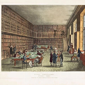 The Royal Institution Library, Albemarle Street, London. After an engraving dated 1809. Later colourization