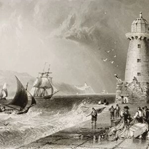 South-Wall Lighthouse With Howth Hill In The Distance, Dublin Bay, Dublin, Ireland. Drawn By W. H. Bartlett, Engraved By J. C. Bentley. From "The Scenery And Antiquities Of Ireland"By N. P. Willis And J. Stirling Coyne. Illustrated From Drawings By W. H. Bartlett. Published London C. 1841