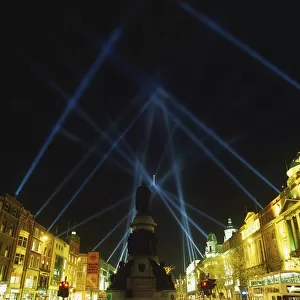 Spire Of Dublin, O connell Street, Dublin, Ireland; Eu Celebrations With Searchlights In Night Sky