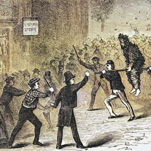 A tax collector tarred and feathered during the Whiskey Rebellion or Whiskey Insurrection of 1791 - 1794 when citizens rose up to protest a tax on alcoholic drinks which had been raised to offset the costs of the Revolutionary War. During three years of unrest, which was eventually quelled with Federal troops, several people were killed and many arrested