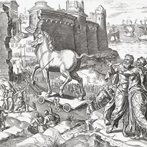 The Trojan horse. King Priam, on the right, watches the horse, left by the Greeks, as it is dragged into Troy through the city walls which have been breached to allow it to pass. From a 16th century engraving by Pieter Jalhea Furnius, after a work by Gerard van Groeningen