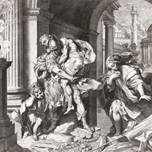 As Troy burns behind him Trojan hero Aeneas and his family flee. He carries his father Anchises on his back. After a print based on a painting by Federico Barocci