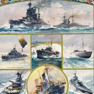 Types Of British Warships Brought Into Being By The Great War. From Top, Left To Right. Queen Elizabeth And Her Dummy Replica, Patrol Boat And Kite Balloon, Motor Launch, 35 Knot Coastal Motor Boat, Monitor With 15"Guns And Bulges, "q"Ship In Action, "m"Submarine With 12"Gun, Engadine, Argus, Aircraft Carriers, Ark Royal, Pegasus. From The Illustrated London News, Silver Jubilee Record Number, 1910 - 1935