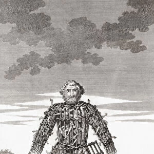 Wicker man. Large wooden or cane hollow wickerwork statue used by Druid priests. Reportedly, victims were placed in the structure and then burned to death as a form of sacrifice to the gods. From a 1781 edition of A Tour in Wales by Thomas Pennant