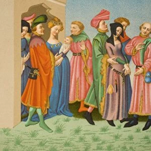 A Young MotherA┼¢S Retinue. Parisien Costumes At End Of 14Th Century. 19Th Century Copy Of Miniature From Latin Terence Owned By King Charles Vi