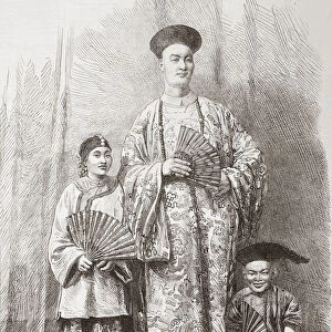 Zhan Shichai, 1841 - 1893. A Chinese giant who toured the world as "Chang the Chinese Giant"in the 19th century, his stage name was "Chang Woo Gow". Seen here in 1865 with his wife, Kin Foo and his attendant dwarf, Chung. Changs height was reputed to be over 8 feet (2. 44 m). From The Illustrated London News, published 1865