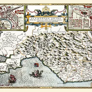 Old County Map of Glamorganshire, Wales 1611 Print Old County Map of Glamorganshire, Wales 1611 Print