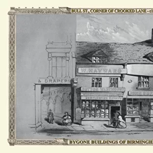 View of Old Shops on the corner of Bull Street and Crooked Lane, Birmingham 1830