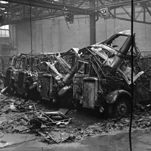19 burnt out and four partly burnt out buses sit in the remains of Hockley bus depot