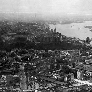 Aerial view of the city of Dusseldorf in the German state of North Rhine-Westphalia in