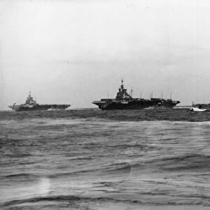 Aircraft carriers HMS Illustrious and HMS Formidable escorted by HMS Warspite