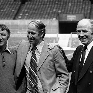 Bobby Charlton with manager Tommy Docherty and former manager Matt Busby at Old Trafford