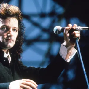 Bono, lead singer of Irish Rock group U2, pictured during the band;