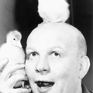 Brian Glover British actor with pet goslings, July 1984