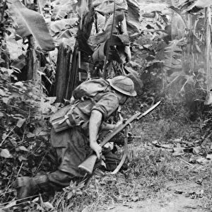 A British Army jungle patrol attacks a native "Basha", a bamboo hut