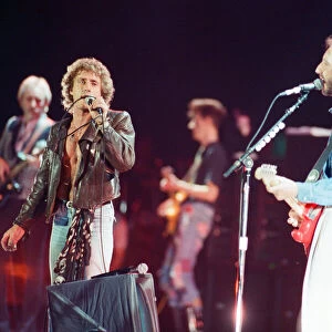 British rock group The Who performing in concert. Roger Daltrey and Pete Townshend