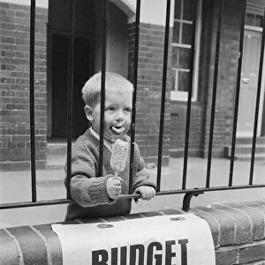 Child eating ice cream from behind school railings on budget day