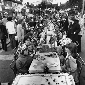 Children tuck in at a Silver Jubilee street party in Maidstone Avenue, Chorlton